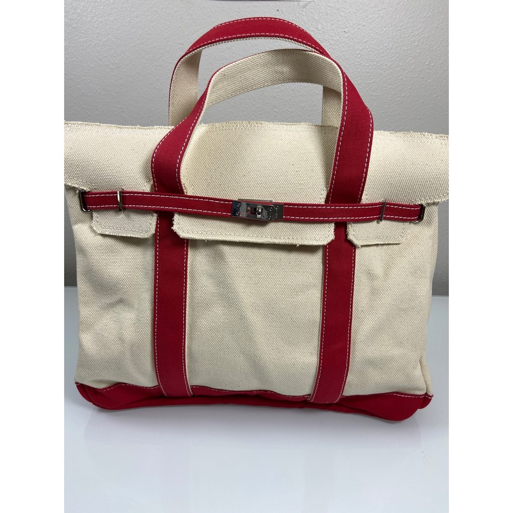 Sunwin Boatkin Style Women Large Cream Red Canvas Tote Bag NWOT Belted Nautical
